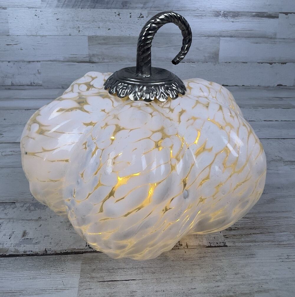 White Mottled Glass Light Up Pumpkin Silver Tone Stem Fall Autumn Decor Glam